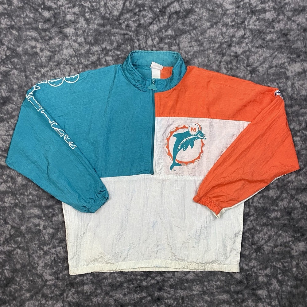 Vintage Miami Dolphins Apex One Windbreaker Jacket Mens L White 90s NFL Pullover